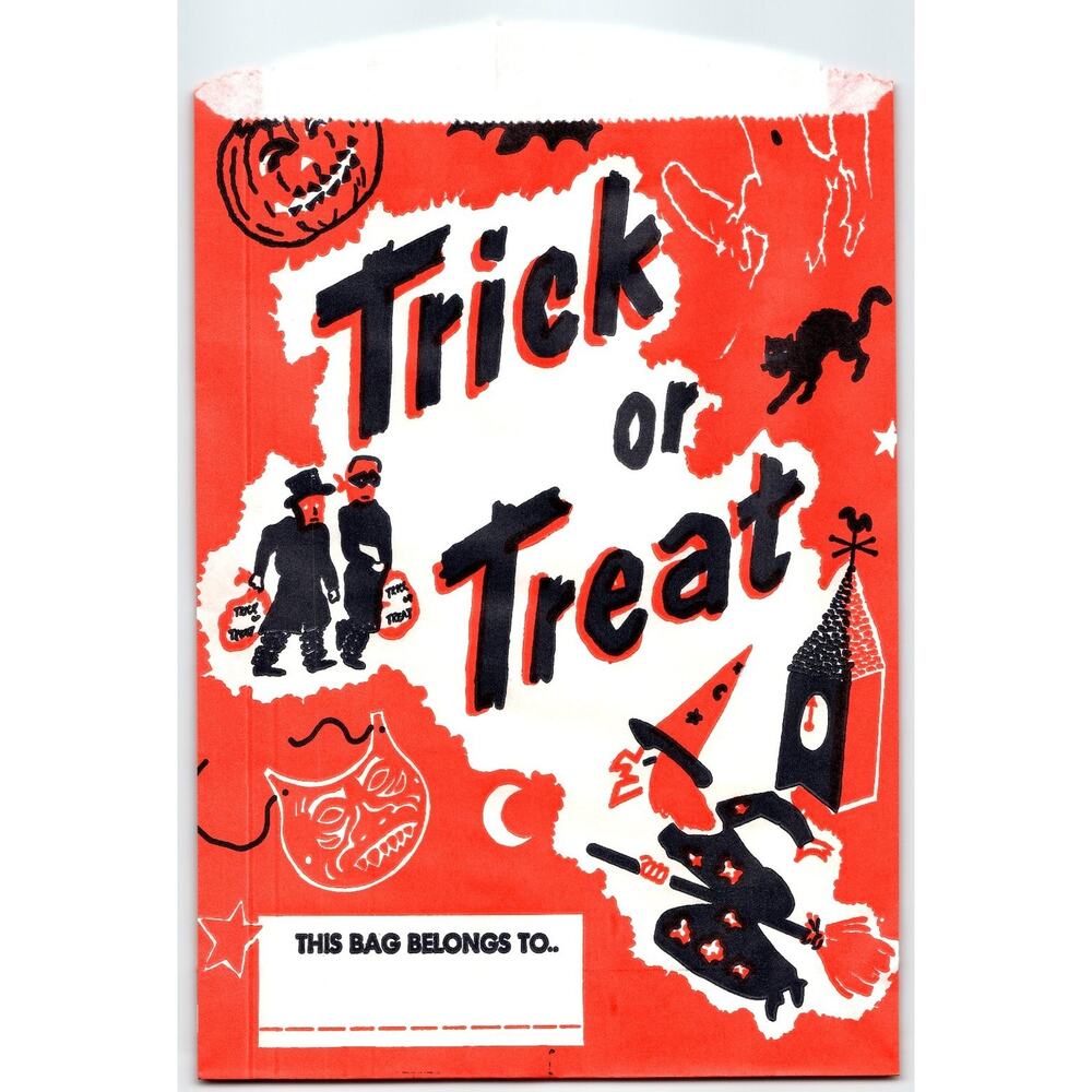 Vintage Halloween Paper Trick or Treat Bag 7x10.5in Retro Witch Black Cat Mask